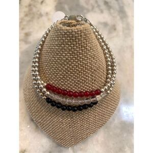 Sterling Silver 3 Stranded Beaded Bracelet #red #black #clear #casual